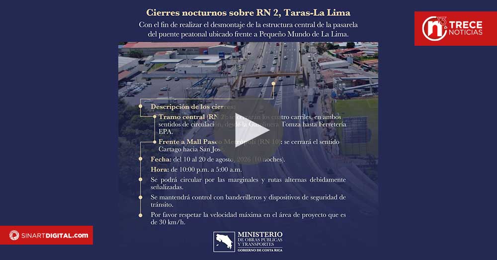 Aplicarán cierres nocturnos durante 10 días en la Ruta Nacional 2 por obras en puente en Cartago