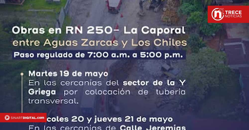 Paso regulado en la Ruta Nacional 250 entre Aguas Zarcas y Los Chiles a partir de este martes por obras viales