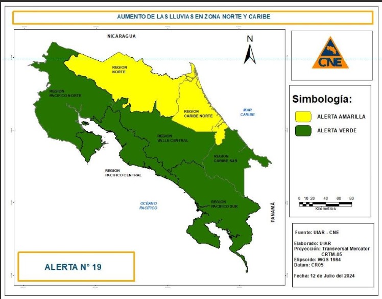 Caribe y zona norte bajo alerta amarilla por fuertes lluvias