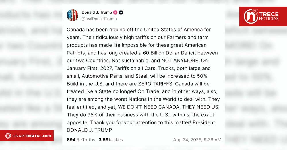 Trump anuncia que subirá a 50% arancel de los autos y el acero de Canadá a partir de 2027