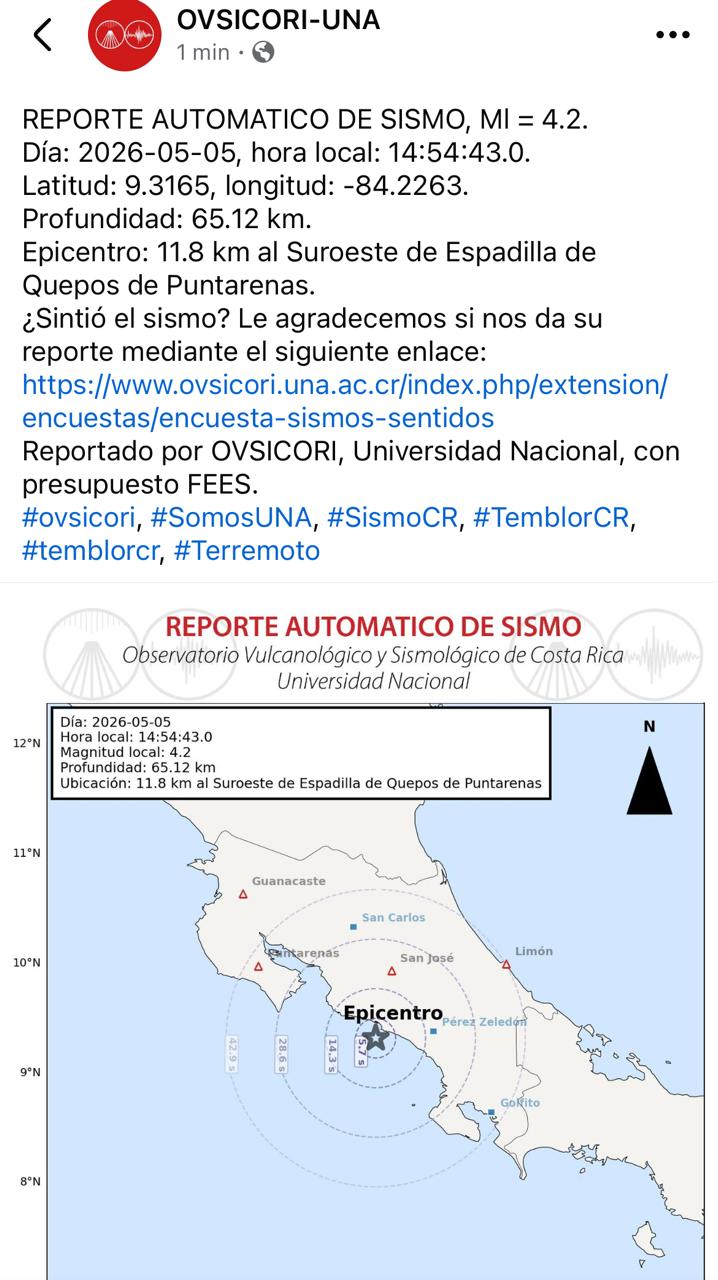 Sismo de magnitud 4.2 sacude el Pacífico Central la tarde de este martes